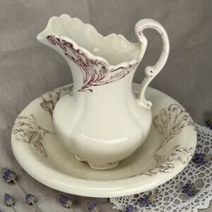 Vintage Handmade Ceramic Pitcher Bowl Set Cottagecore Farmhouse